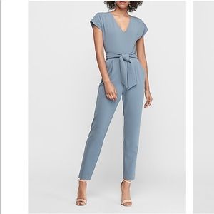 Blue V-neck tie waist jumpsuit